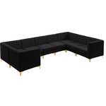 Meridian Furniture - Alina Black Velvet 8-Piece Modular Sectional, Black, U-Shaped - Bring modern beauty to your space with the addition of this Alina Velvet Modular sectional. This beautiful sectional features deep channel tufting to ramp up its visual interest and add to its resilient demeanor. Its soft black velvet upholstery blends nicely with existing elements in your room and is sleek to the touch, making this seat a super comfortable one. Part of the modular Alina collection, this sectional has a latch that attaches it to other pieces to create your custom seating arrangement.