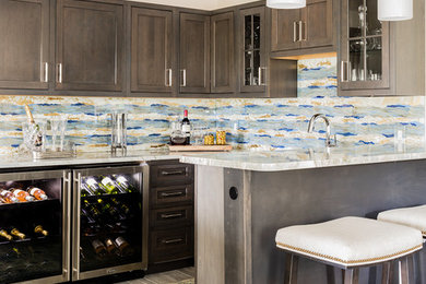Mid-sized transitional u-shaped porcelain tile seated home bar photo in Boston with shaker cabinets, dark wood cabinets and granite countertops