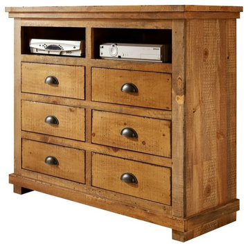 Rustic TV Media Console, Drawers With Inverted Cup Shaped Pulls, Distressed Pine