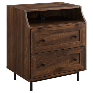 Modern Nightstand, 2 Drawers & Open Compartment With USB Port Attachment, Walnut