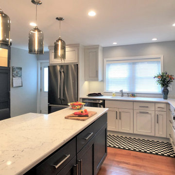 Modern Two-Tone Kitchen Remodel | Crisp White Quartz & Modern Geometric Tilework