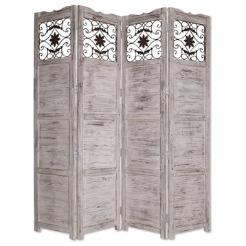 HomeRoots Gray Wash 4 Panel With Scroll Work Room Divider Screen