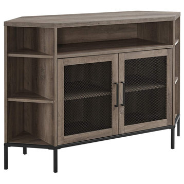Corner TV Stand, Multiple Open Shelves and Cabinet With Mesh Doors, Grey Wash