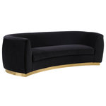 Meridian Furniture - Julian Velvet Upholstered Sofa, Black, Gold Base - The perfect mix of black velvet and gold stainless steel comes to life in your space with this Julian Black Velvet Sofa. This bold black velvet sofa comes upholstered in rich, sumptuous-to-the-touch velvet to make a fashionable statement in your space. The curved back design lends it a modish touch, and the gold stainless steel trim around its base adds to its glitzy appeal. Stage this sofa alone or with other pieces in the Julian collection.