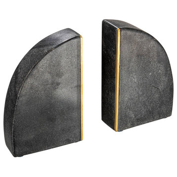 Boho Arched Semicircle Marble Bookends with Brass Detail, Set of 2, Black