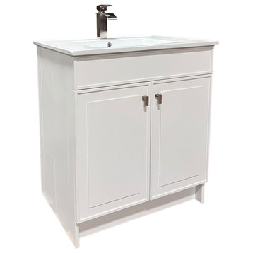 31" Single Sink Foldable Vanity, White With White Ceramic Top, Brushed Nickel