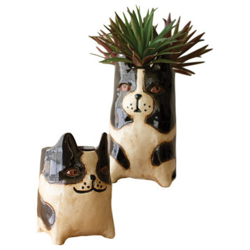 Cute Black White Boston Terrier Ceramic Container 2-Piece Set Animal Planter Pot