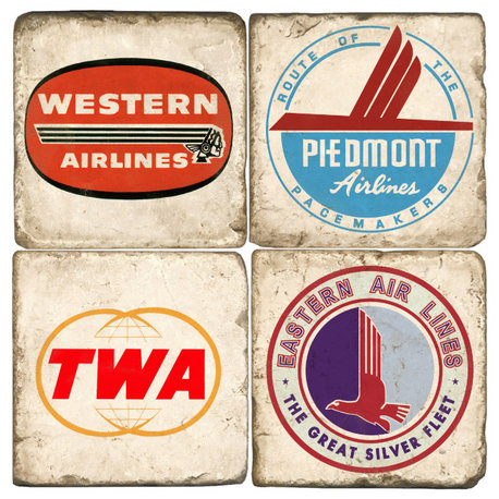 Tumbled Marble Coaster St/4 With Coaster Stand, Vintage Airline Logos