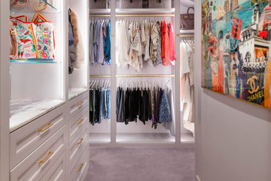 Small transitional women's carpeted and purple floor walk-in closet photo in Dallas with open cabinets and white cabinets
