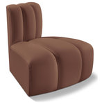 Meridian Furniture - Arc Upholstered Modular Component, Cognac, 1-Piece: Reverse Corner, Vegan Leather - Unleash modern opulence with the Arc Vegan Leather Reversed Corner. Crafted for the modern connoisseur, this chair injects an air of refined luxury into any space. Its sleek silhouette, upholstered in supple cognac vegan leather, exudes timeless sophistication while the deep channel tufting adds textural intrigue, further elevating the chair's visual appeal. The modular design makes it a versatile chameleon, effortlessly adapting to your evolving needs and preferences. Whether you envision it gracing a chic living room corner, basking in the glow of a bedroom window, or adding a touch of drama to a home office, the Arc seamlessly complements your unique interior aesthetic.