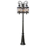 Lights Reimagined - 81-In., 9-Light, 3-Lantern Heads, Complete Outdoor Lamp Post Set (HJ61) - The rich Rubbed Oil Bronze finish and Traditional styling of the 81" Pole Light will complement many outdoor architectural styles. This three lantern post light includes Clear Seeded glass shades. Each lantern requires three bulbs. A cross bar trim over the glass shades adds rustic appeal.  Lanterns are open at the bottom. Soft reflections are created across the landscape and drive. As the blanket of night falls, the post begins to blend with its surroundings, and soon you only see the radiance emanating from this outdoor fixture.