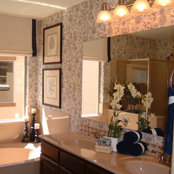 Navy Wallpaper in Master Bathroom