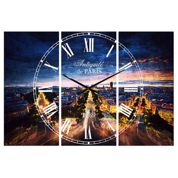 Night Paris Amazing View French Country 3 Panels Metal Clock
