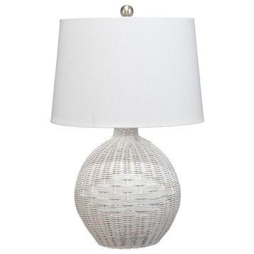 Contemporary Woven White Rattan Round Table Lamp 23 in Coastal Casual Ball