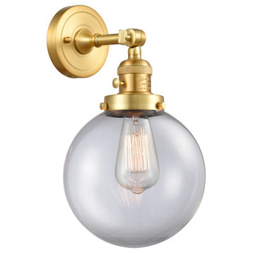 Beacon Sconce With Switch, Satin Gold, Clear