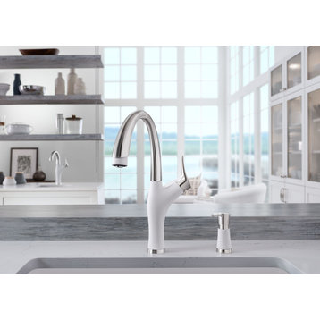 Blanco Artona Pull-Down Kitchen Faucet With Soap Dispenser, White/Stainless