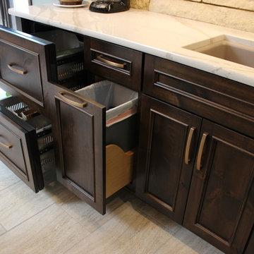 Rustic Alder Gray Stained Kitchen with White Hutch and Island