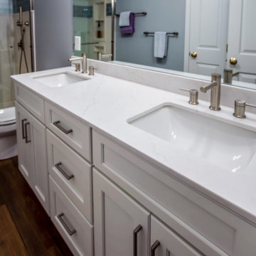 Guest Bathroom Featuring White Icing Vanity and Alabaster Marble Shower
