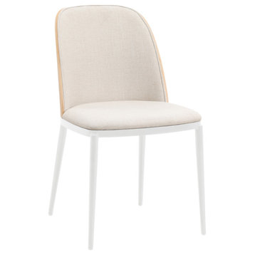 LeisureMod Tule Dining Chair With Upholstered Seat and White Steel Frame, Natural Wood/Beige