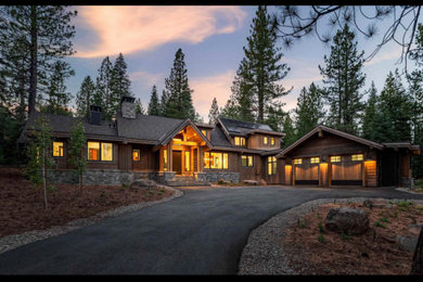 Large rustic gray two-story mixed siding exterior home idea in Sacramento with a mixed material roof and a brown roof