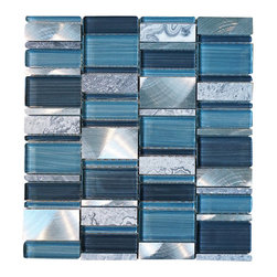 Glossy Blue and Blue Stone Random Brick Rectangle Pattern Glass Mos - Home Decor