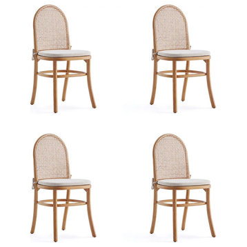 Set of 4 Outdoor Dining Chair, Woven Natural Cane Seat & Back, Natural/Cushioned