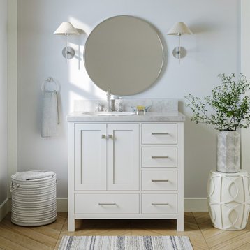 Cambridge 37" Bath Vanity, White With Marble Top, Carrara White/White Basin