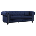 Meridian Furniture USA - Chesterfield Linen Textured Fabric Upholstered Sofa, Navy - Elegant and eye-catching, the stunning Chesterfield Living Room from Meridian Furniture is the perfect addition to any space. Rich Linen Textured covers the plush, comfortable seat, padded with high-density foam and modern tufted design. Strength and beauty is guaranteed with a solid wood frame and legs. Features a nail head design on the arms and includes matching throw pillows.