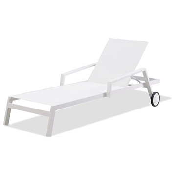 Set of 2 Outdoor Chaise Lounge, Aluminum Frame With Wheels & Mesh Seat, White