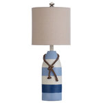 StyleCraft Home Collection - Nautical Rope Table Lamp, Blue Stripe Finish, Oatmeal Hardback Fabric Shade - This coastal-inspired lamp has alternating white, light blue, and dark blue stripes and a brown rope accent. The hardback shade is made of oatmeal-colored fabric. This lamp's nautical style is sure to be a charming addition to seaside decor in a bedroom, office, dining room, hallway, or living room.