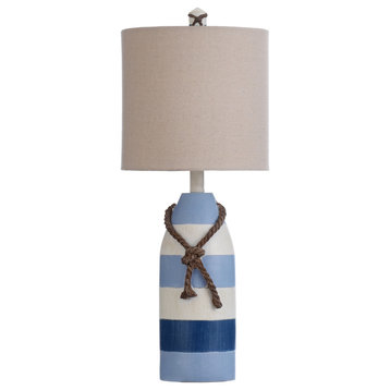Nautical Rope Table Lamp, Blue Stripe Finish, Oatmeal Hardback Fabric Shade