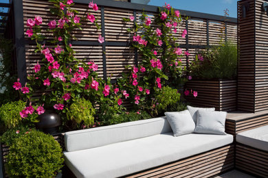 Example of a minimalist rooftop rooftop privacy and mixed material railing deck design in New York