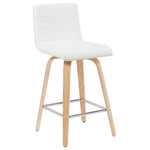 Armen Living - Vienna Counter Height Swivel Bar Stool With White Faux Leather and Patterned Oak - Elevate your kitchen, bar, or dining area with the Vienna Swivel Stool Collection ' a modern essential that combines mid-century charm with functional comfort. Designed for daily use and entertaining alike, Vienna's 360-degree swivel and armless frame provide effortless movement and easy conversation flow. The gently curved backrest supports posture alignment while keeping the profile sleek and space-saving. The Vienna stool is built on a strong wood frame with four splayed legs and a square steel footrest for added durability and a clean, modern edge. The seat and backrest are generously padded with high-density foam and finished in your choice of smooth vegan leather or performance fabric for elevated comfort and easy maintenance. Originally offered in a walnut finish with cream, brown, or gray vegan leather, and a black brushed finish with gray vegan leather, the collection now features even more design-forward combinations. Explore updated variants including snow white vegan leather with walnut, black brushed, or patterned oak finishes; vintage-inspired blue, green, and black tones paired with walnut finish frames; and bold red or soft gray performance fabrics on brushed or patterned wood finishes. Available in both counter height and bar height, Vienna offers a versatile range of styles to suit your space. With its timeless look and enduring quality, this collection brings warmth, elegance, and comfort to any interior.