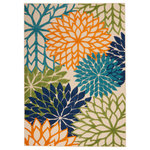 Nourison - Nourison Aloha 5'3" x 7'5" Multicolor Tropical Area Rug - This tropical indoor/outdoor rug from the Aloha Collection features a soft cut pile and textural woven patterns in bursts of brilliant color sure to brighten the look of your surroundings. Oversized floral patterns in blue, green, and orange add a festive touch of the tropics to your patio, deck, or porch. Machine made from premium stain-resistant fibers for ease of care: simply rinse with a hose and air dry.