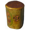 Tibetan Green Oval Lotus Hand Painting Money Sign Wood Stool