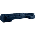 Meridian Furniture - Plush Velvet / Down Standard Comfort 7-Piece U-Shaped Modular Sectional, Navy - No matter how big or little the size of your gang, they can all find their sweet spot when you choose pieces from the Plush collection to build your ideal seating group. Choose this individual Plush piece or pair multiple pieces together to get the custom look everyone will love. The soft navy velvet material is soft and welcoming to the touch, and the set's cushions are overstuffed with a down and feather blend to provide ample support for tired bodies.