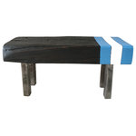 eastmantribe - Sitting Bench Ebony Smoke Blue + White - One of our best sellers, this bench is made from industrial Douglas Fir wood timbers, our own ebony-smoke stain, fabricated steel legs, and painted stripes.  Finished with natural mineral oil. A great sitting bench in your favorite spot, even at the end of the bed to rest blankets on, this bench will last for years and become a family hand me down.