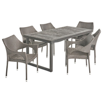 GDF Studio 7-Piece Joa Outdoor Wood Dining Set With Stacking Wicker Chairs