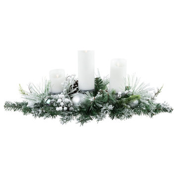 30" Green Flocked Pine Triple Candle Holder and Iridescent Christmas Ornaments