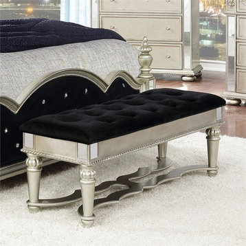 Pemberly Row Traditional Upholstered Bench in Metallic Platinum Finish