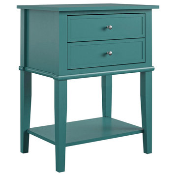 Contemporary Accent End Table, 2 Storage Drawers With Round Knobs, Emerald Green