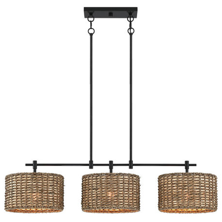 41"W 3-Light Black Farmhouse Rattan Island Light Linear Chandelier