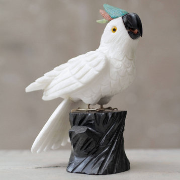 NOVICA White Cockatoo And Onyx Sculpture
