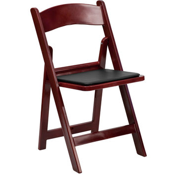 Red Mahogany Resin Folding Chair with Black Vinyl Padded Seat