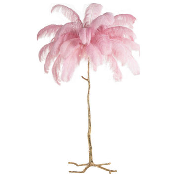 Akari Pink Ostrich Feather Copper Base Floor Lamp