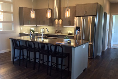 Trendy l-shaped open concept kitchen photo in Cedar Rapids with flat-panel cabinets, gray cabinets and an island