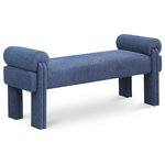Meridian Furniture - Stefano Upholstered Bench, Navy - Banish boredom in your room's decor with this Stefano polyester fabric bench. The perfect bench to rest at the end of your bed in the master suite or in a spot of interest in the foyer or entryway, this lovely art deco seat has loads of room to sit while you pull on boots or take off shoes. The soft navy polyester fabric is lovely to the touch, and the rounded arm pillows give it an extra inviting feel.