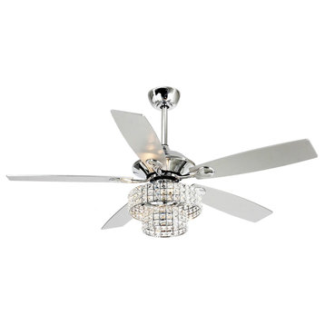 52 Modern Crystal Ceiling Fan With 4-Lights/5 Blades, Remote Control, Chrome