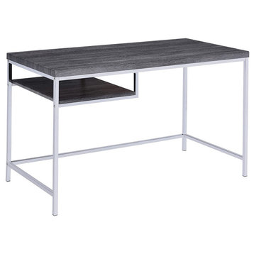 Contemporary Desk, Chrome Metal Frame With Weathered Grey Top and Open Shelf