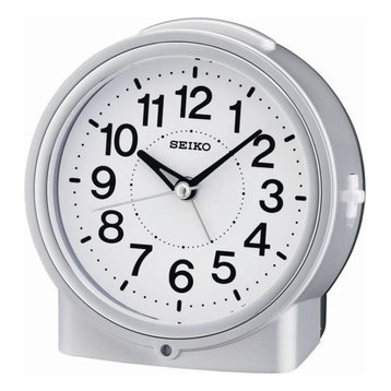 Seiko Clocks, 5" Silver Alarm With Dial Light, Beep and Snooze